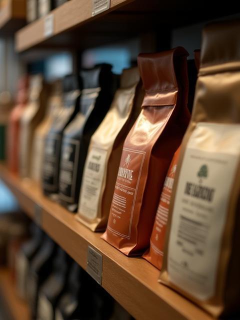 Bags of retail coffee beans on a shelf