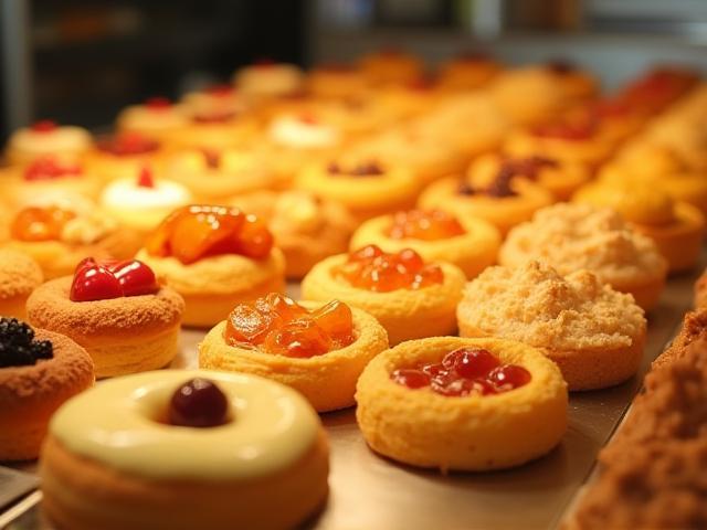 Variety of pastries displayed on a counter